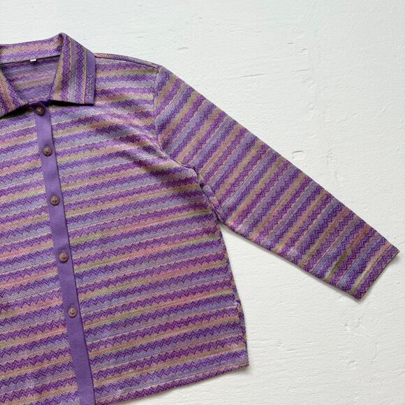 Purple Zigzag Metallic Stripe Knit Button Up Rhinestone Collar, Size XL - Picture 3 of 8